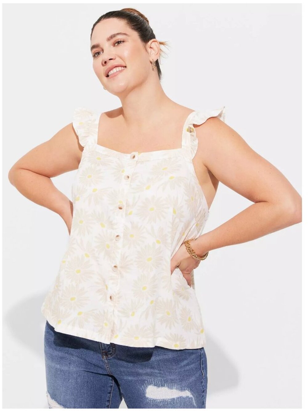 Torrid Double Gauze Ruffle Button Front Tank Top Size 2X Daisy Daydream Cottage